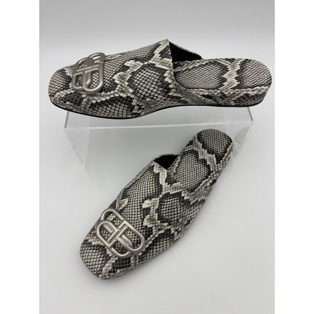 Balenciaga Cosy BB Mules Snake Grey Cream Size 37 / 7 Square Toe Luxury Logo - Picture 2 of 15